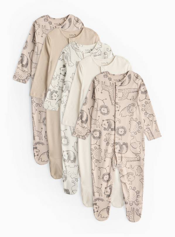 Neutral Safari Print Long Sleeve Sleepsuits 5 Pack 18-24 months